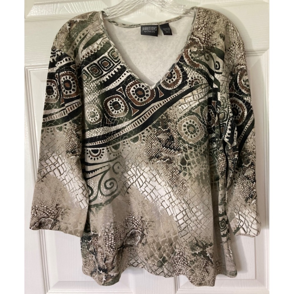 Chico's Multicolor Tunic Top Size 3 (16/XL) 3/4 Sleeve Artsy  Tribal Pre-Owned